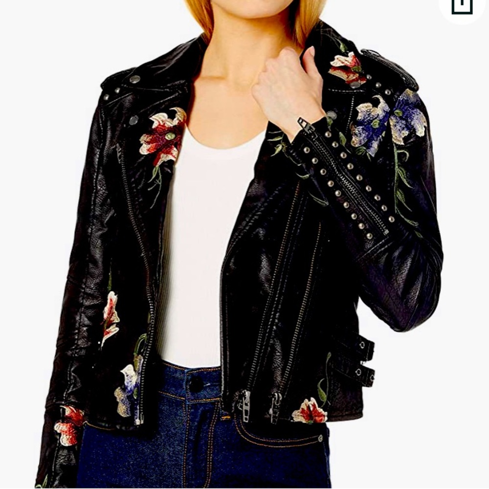 Vegan Leather Floral Embroidered Jacket